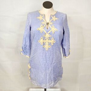 Theme Heathered Blue White Boho Piping Lined Tunic Top Sz M